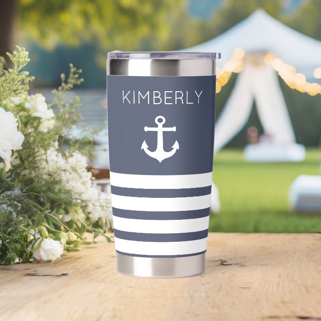 Navy and White Stripes Nautical Personalized   Insulated Tumbler (Wedding)
