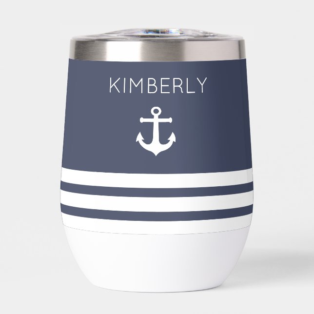 Navy and White Stripes Nautical Personalized   Thermal Wine Tumbler (Front)