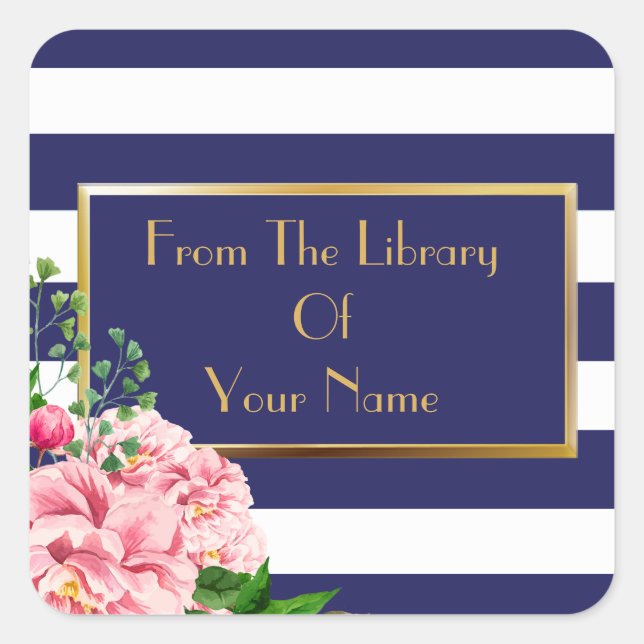Navy And White Stripes Pink Roses Bookplate (Front)