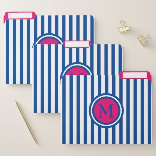 Navy and White Stripes With Pink Monogram File Folder