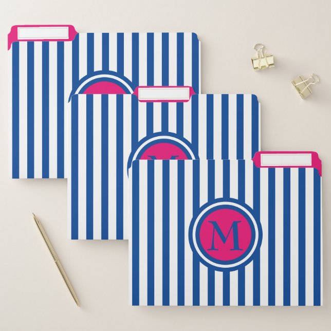 Navy and White Stripes With Pink Monogram File Folder (Set)