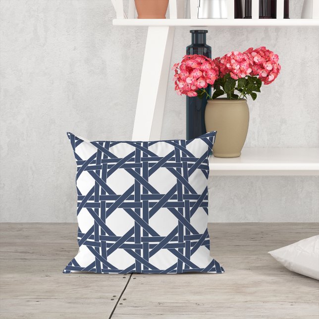 Navy and White Summer Basketweave Pattern Throw Pillow (Creator Uploaded)