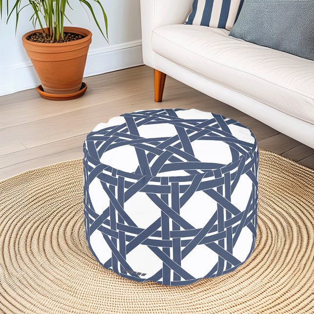 Navy and White Summer Rattan Basketweave Pattern Pouf (Creator Uploaded)