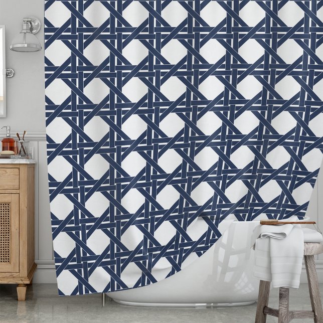 Navy and White Summer Rattan Basketweave Pattern Shower Curtain (Creator Uploaded)