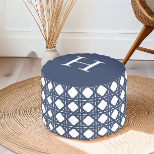 Navy and White Summer Rattan Pattern Monogram Pouf