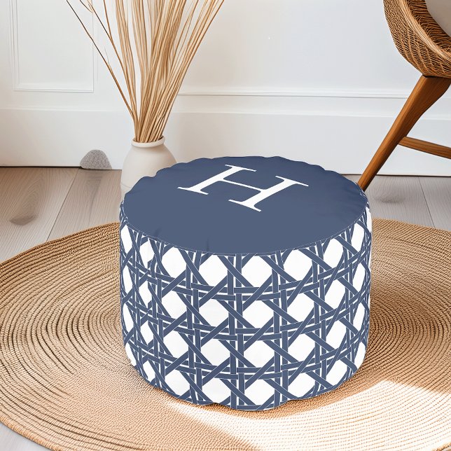 Navy and White Summer Rattan Pattern Monogram Pouf (Creator Uploaded)