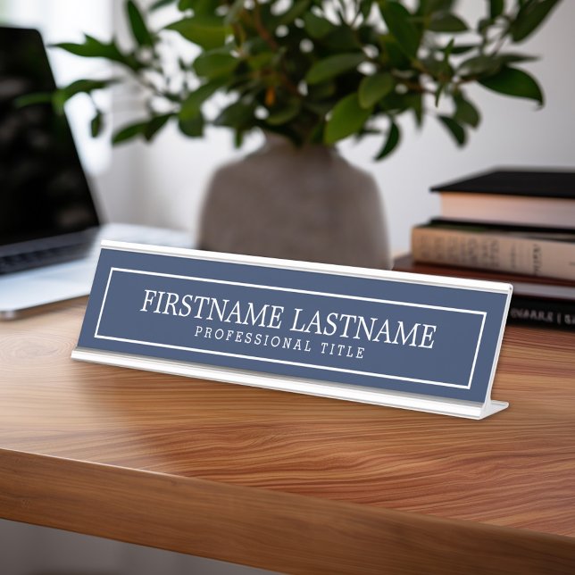 Navy and White Traditional Border Name Title Desk Name Plate (Custom Nameplate - Add Name and Title for Executive Sign or customize in the design area)