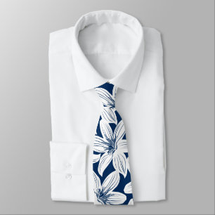 Navy and white tropical hibiscus neck tie