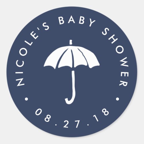 Navy and White Umbrella Baby Shower Classic Round Sticker
