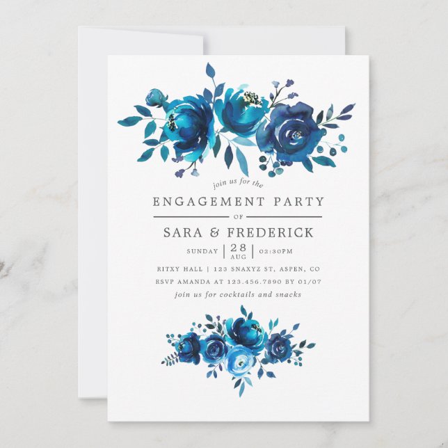 Navy and White Watercolor Engagement Party invite (Front)