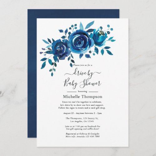 Navy and White Watercolor Floral Drive By Shower Invitation