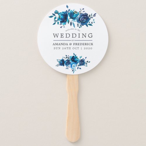 Navy and White Watercolor Floral Favor Hand Fan
