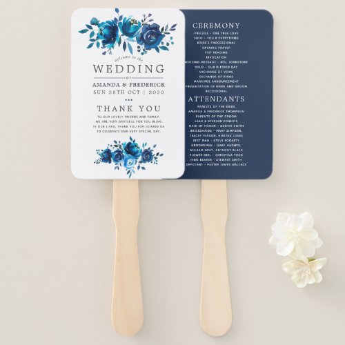 Navy and White Watercolor Floral Program Hand Fan