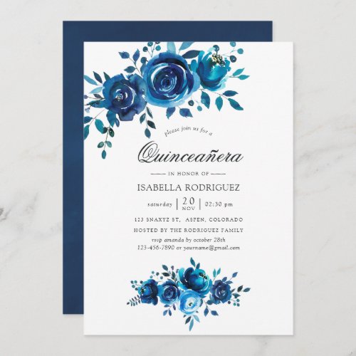 Navy and White Watercolor Floral Quinceaera Invitation