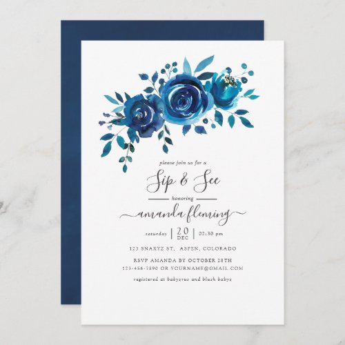 Navy and White Watercolor Floral Sip and See Invitation