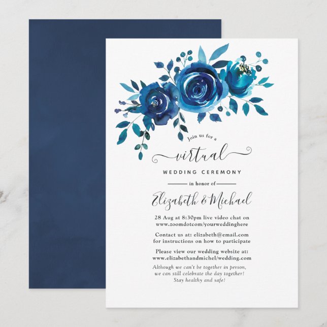 Navy and White Watercolor Floral Virtual Wedding Invitation (Front/Back)