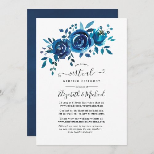 Navy and White Watercolor Floral Virtual Wedding Invitation