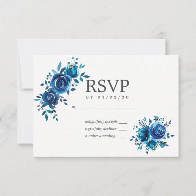 Navy and White Watercolor Floral Wedding RSVP (Front)