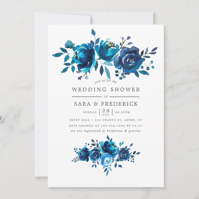 Navy and White Watercolor Floral Wedding Shower Invitation (Front)