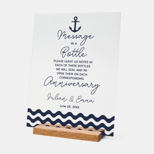 navy and white wedding message in a bottle print acrylic sign (Angle)