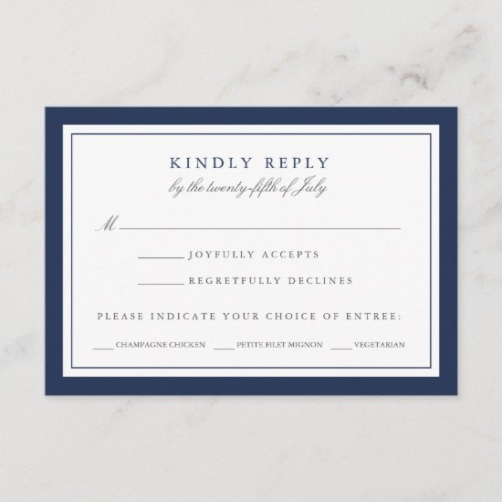 Navy and White Wedding RSVP Card w/ Meal Choice