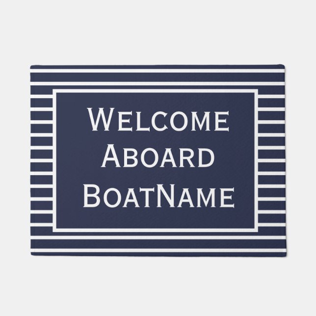 Navy and White Welcome Aboard Boat Doormat (Front)