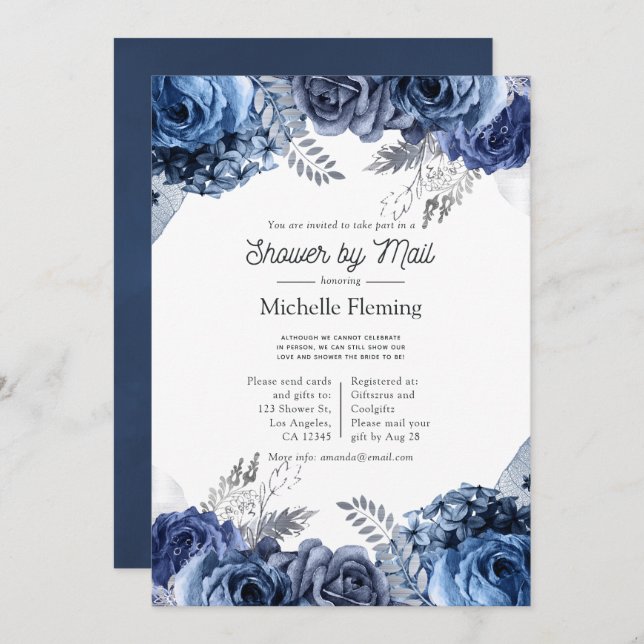 Navy and White with Silver Bridal Shower by Mail Invitation (Front/Back)
