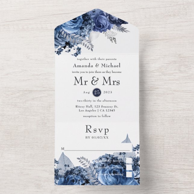 Navy and White with Silver Faux Foil Wedding All In One Invitation (Inside)