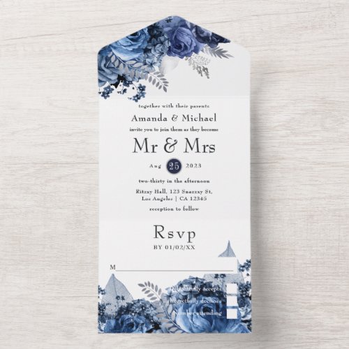 Navy and White with Silver Faux Foil Wedding All In One Invitation