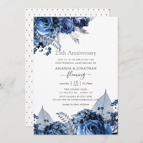 Navy and White with Silver Foil 25th Anniversary Invitation