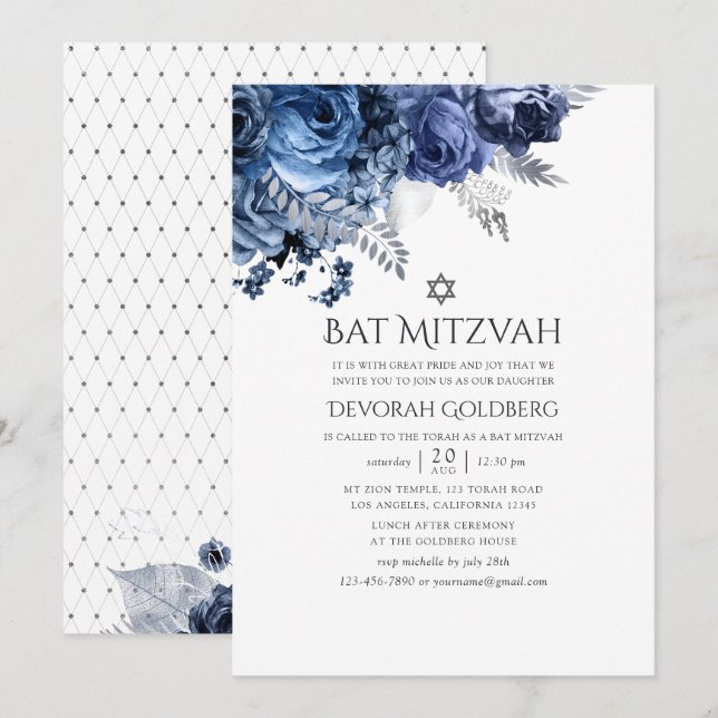 Navy and White with Silver Foil Floral Bat Mitzvah Invitation (Front/Back)