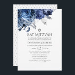 Navy and White with Silver Foil Floral Bat Mitzvah Invitation<br><div class="desc">Navy and white flowers bat mitzvah invitation with accents of silver.</div>