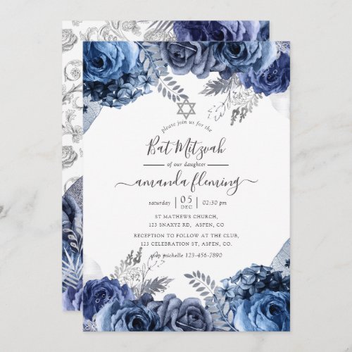 Navy and White with Silver Foil Floral Bat Mitzvah Invitation