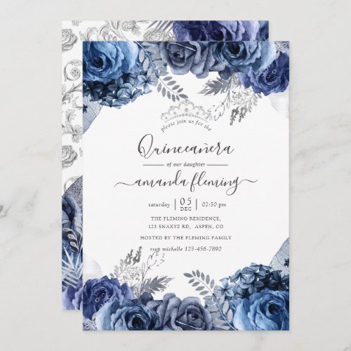 Navy and White with Silver Foil Floral Quinceaera Invitation
