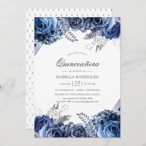 Navy and White with Silver Foil Floral Quinceaera Invitation