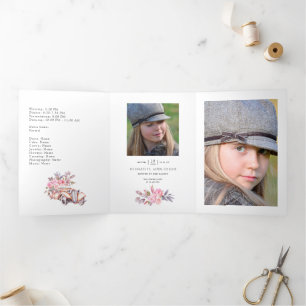 Navy and White with Silver Foil Floral Quinceañera Tri-Fold Invitation