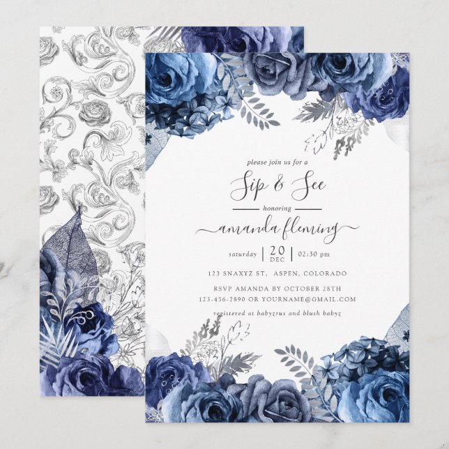 Navy and White with Silver Foil Floral Sip and See Invitation (Front/Back)
