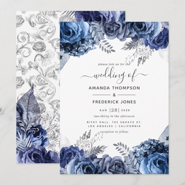 Navy and White with Silver Foil Floral Wedding Invitation (Front/Back)
