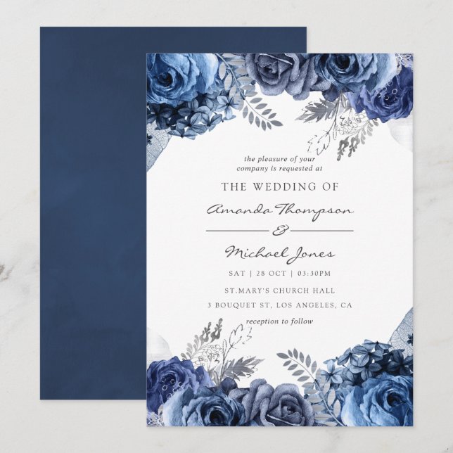 Navy and White with Silver Foil Floral Wedding Invitation (Front/Back)