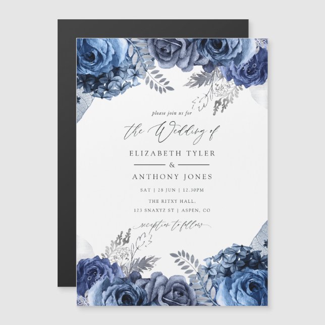 Navy and White with Silver Foil Floral Wedding Magnetic Invitation (Front/Back)
