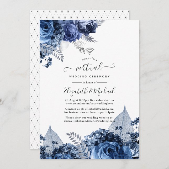 Navy and White with Silver Foil Virtual Wedding Invitation (Front/Back)