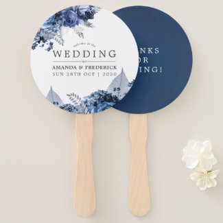 Navy Blue, White and Silver Foil Wedding Favor Hand Fan