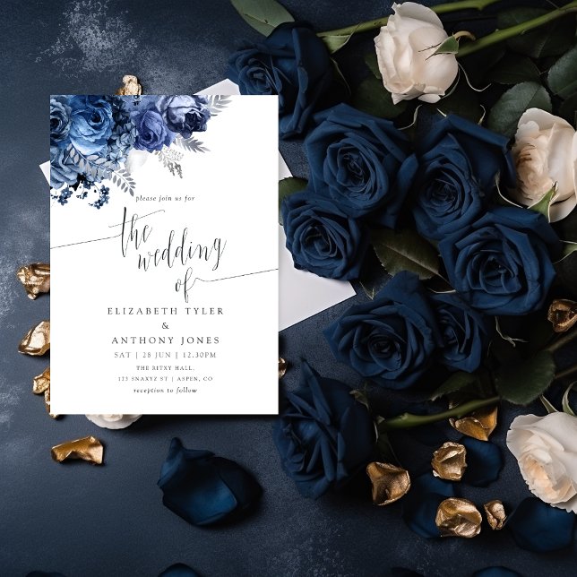Navy and White with Silver Foil Wedding Invitation (Creator Uploaded)