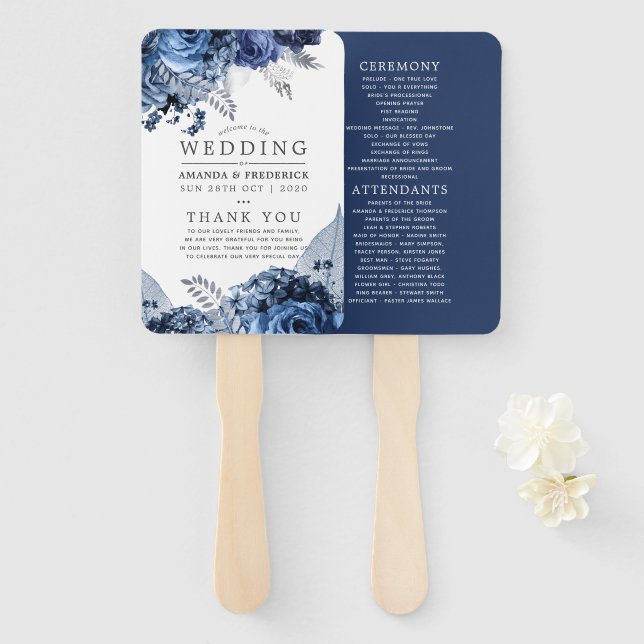 Navy and White with Silver Foil Wedding Program Hand Fan (Front and Back)
