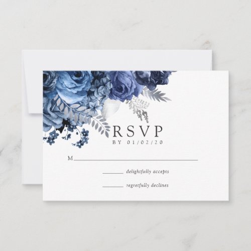 Navy and White with Silver Foil Wedding RSVP Card