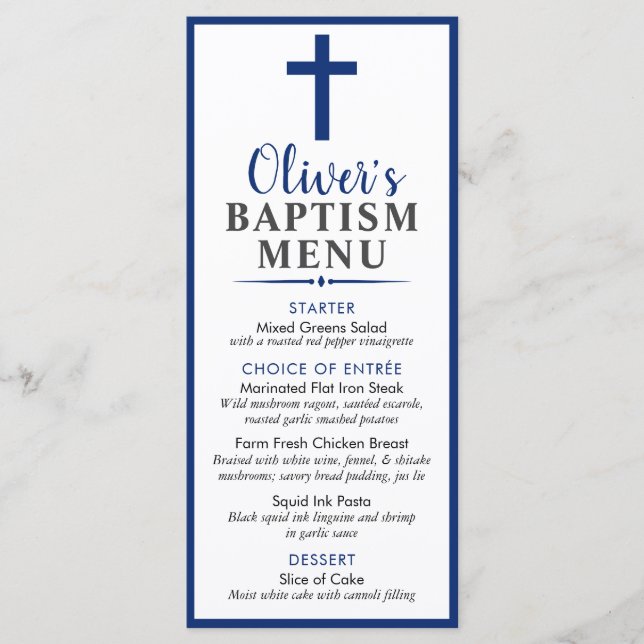 Navy and Wood Rustic Boy Baptism Custom Event Menu (Front)