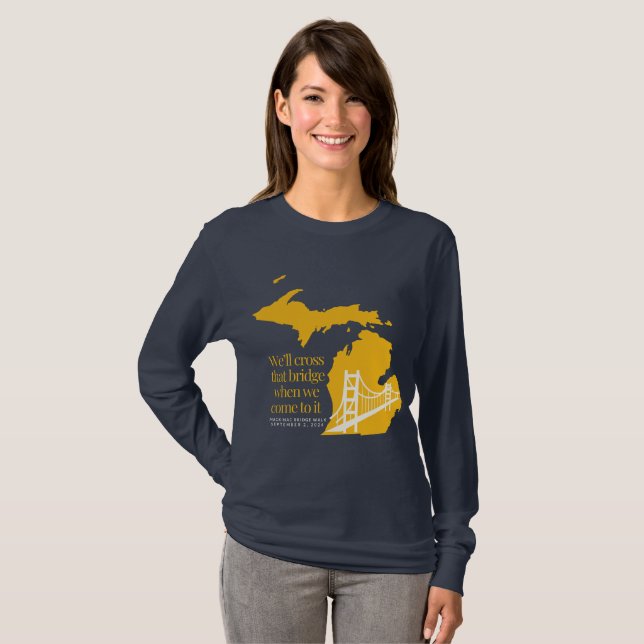 Navy and yellos long sleeve Mackinac bridge t-shir T-Shirt (Front Full)