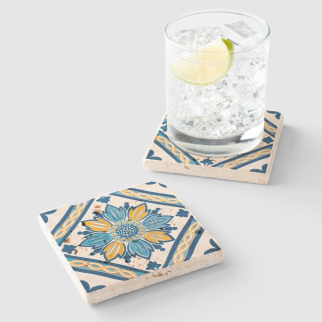 Navy and Yellow Azulejo Mediterranean Floral Stone Coaster (Side)