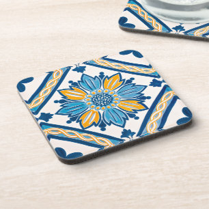 Navy and Yellow Azulejo Mediterranean Grosgrain Beverage Coaster