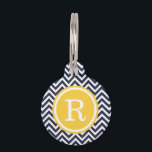 Navy and Yellow Chevron Monogram Pet Name Tag<br><div class="desc">Cute girly preppy zigzag chevron stripes pattern personalized with your pet's monogram name or initial in a chic circle frame. Back features coordinating colors and space to add your pet's name and emergency contact info. Click Customize It to change fonts and colors or add your own photos and text for...</div>